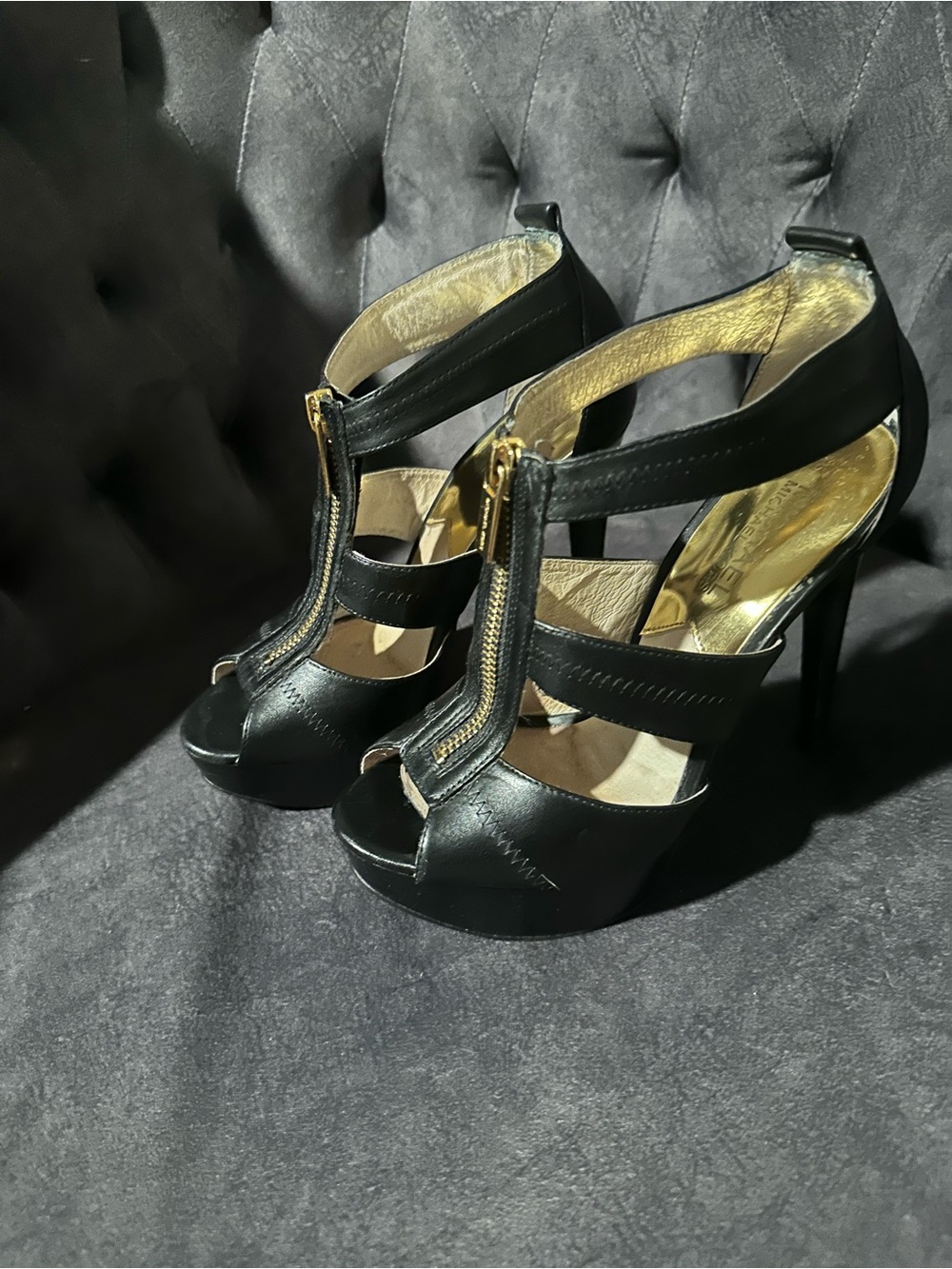 Michael Kors Berkley PlatformBlack Peep-Toe Strappy Heels with Gold Front Zipper